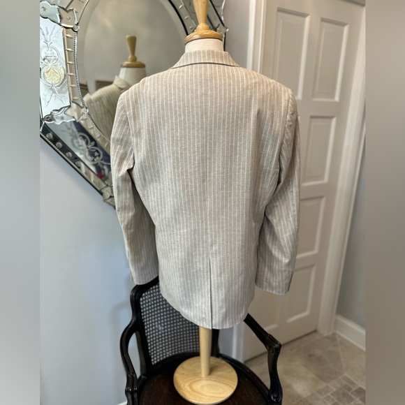 NWOT Beige White Perry Ellis Pin Stripe Linen Cotton Stud Boss Blazer 42R - Picture 3 of 15